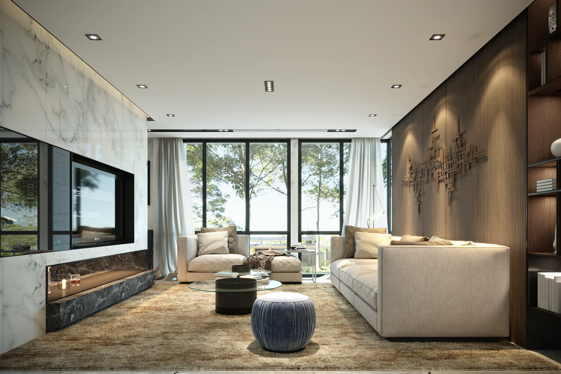 Living room with marble fireplace wall, walnut panelling and floor-to-ceiling windows facing the treeline