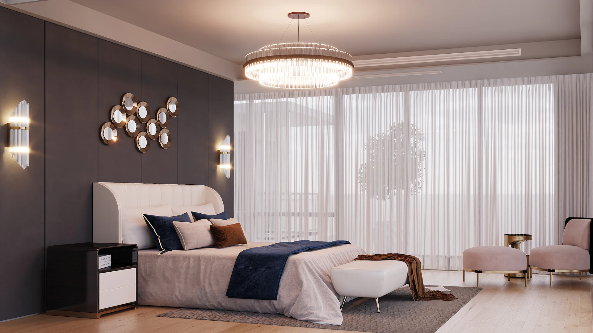 Main bedroom with charcoal panelled wall, brass sconces and sheer curtains diffusing the evening light
